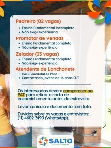 PAT de Salto realiza mutirão de vagas de emprego nesta quinta-feira (15)